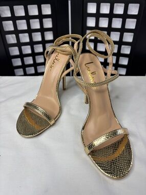 ✨ Lulu’s Gold Snake Embossed Heels Women's 8.5 Strappy Stiletto 5" ✨